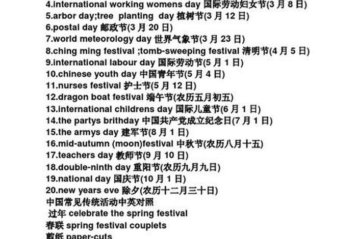 中国节日英文速记(中国节日英语大全表) 中国节日英文速记(中国节日英语大全表)