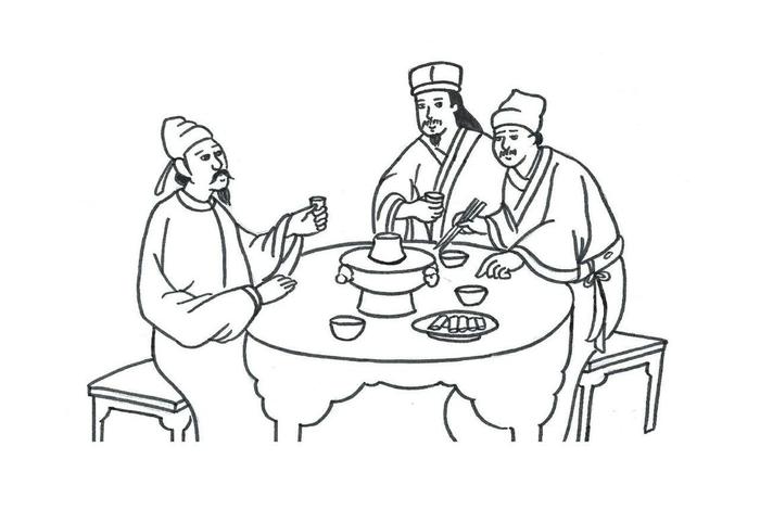 中国古代商朝人物;古代商朝人物吃饭场景线描图 中国古代商朝人物;古代商朝人物吃饭场景线描图